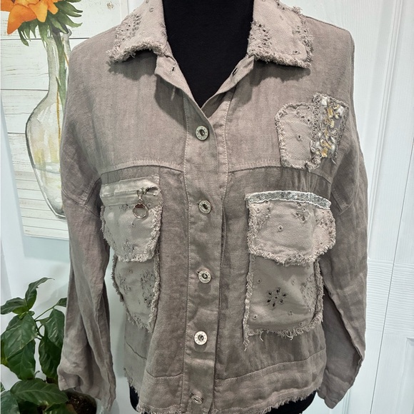 made in italy Jackets & Blazers - Gray Distressed Utility Jacket with Relaxed Fit